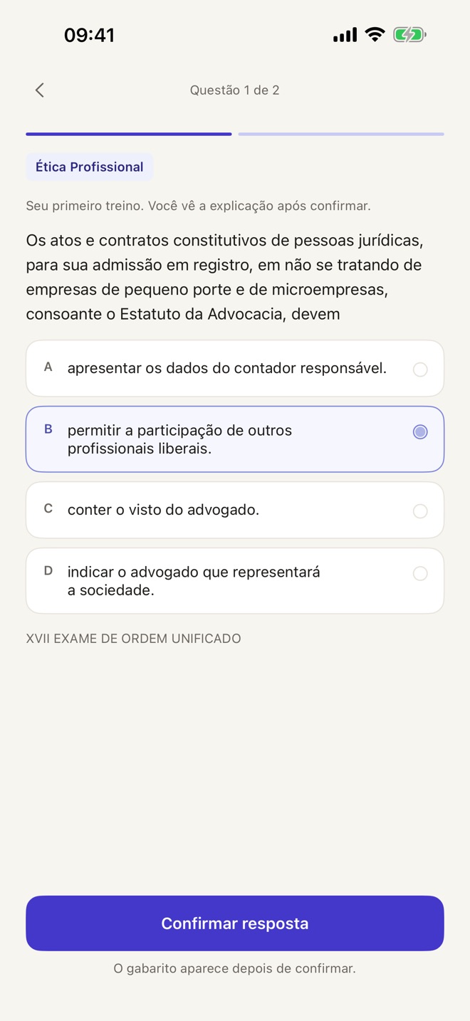 Questão oficial de Ética Profissional com quatro alternativas