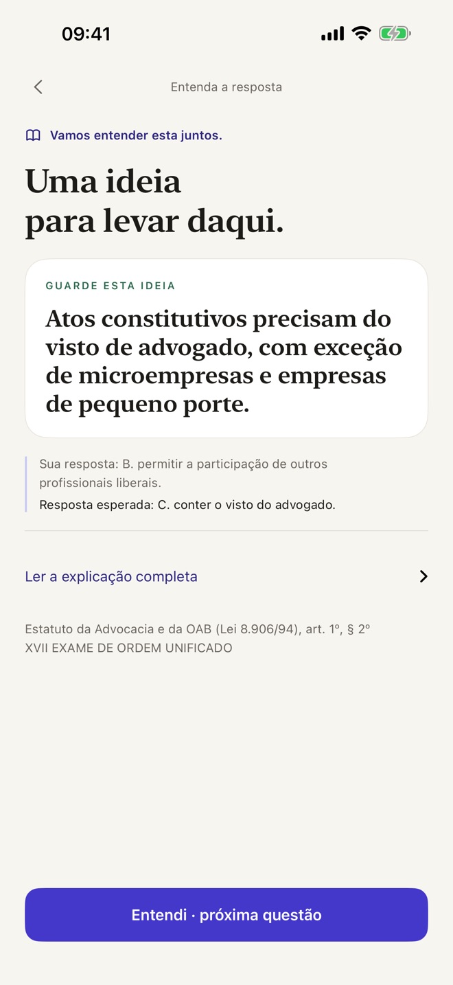 Tela de explicação da resposta, com a ideia para levar daquela questão