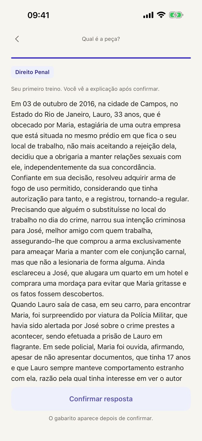 Treino Qual é a peça? com enunciado real de Direito Penal