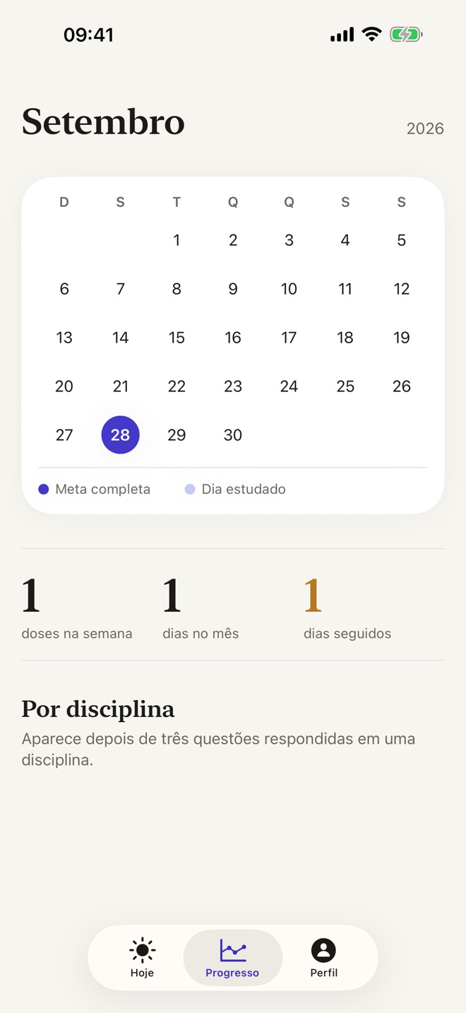 Tela de progresso com calendário e contagem de doses